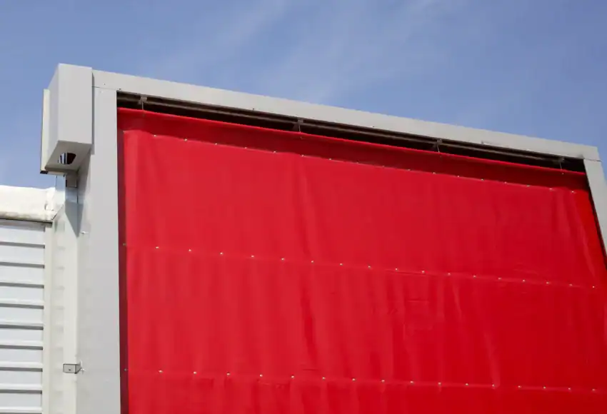 detalle del mecanismo y marco de una cortina de portón de hule rojo